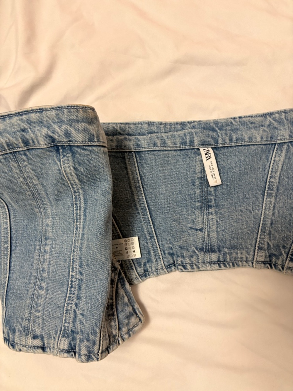 ZARA Light Wash Cropped Denim Corset Top - Blue